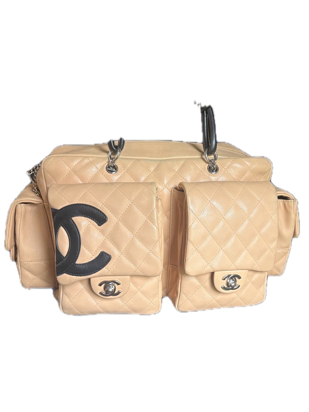 CHANEL reporter large Beige Quilted Leather Shoulder Bag with Black CC Accent